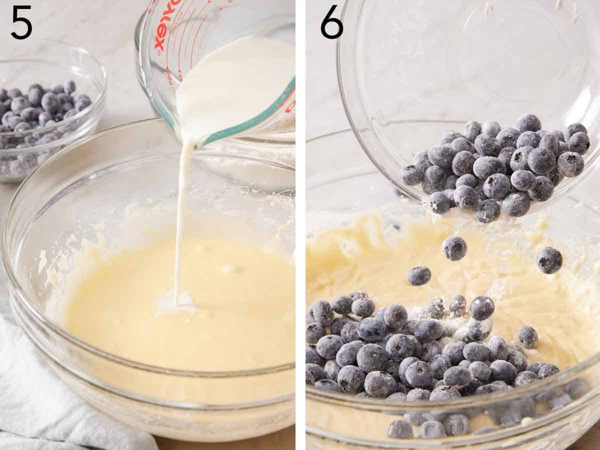 Set of two photos showing milk and blueberries added to the batter.