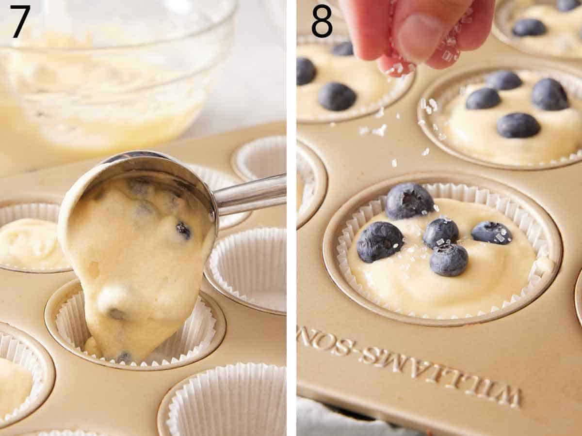 Set of two photos showing batter scooped into a lined muffin tin and coarse sugar sprinkled on top.