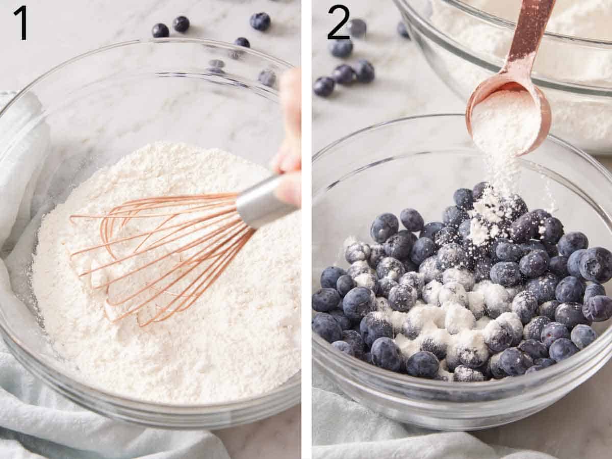 Set of two photos showing dry ingredients whisked and blueberries coated in some of the dry ingredients.