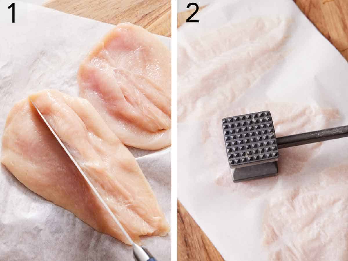Set of two photos showing chicken breasts sliced and pounded flat.