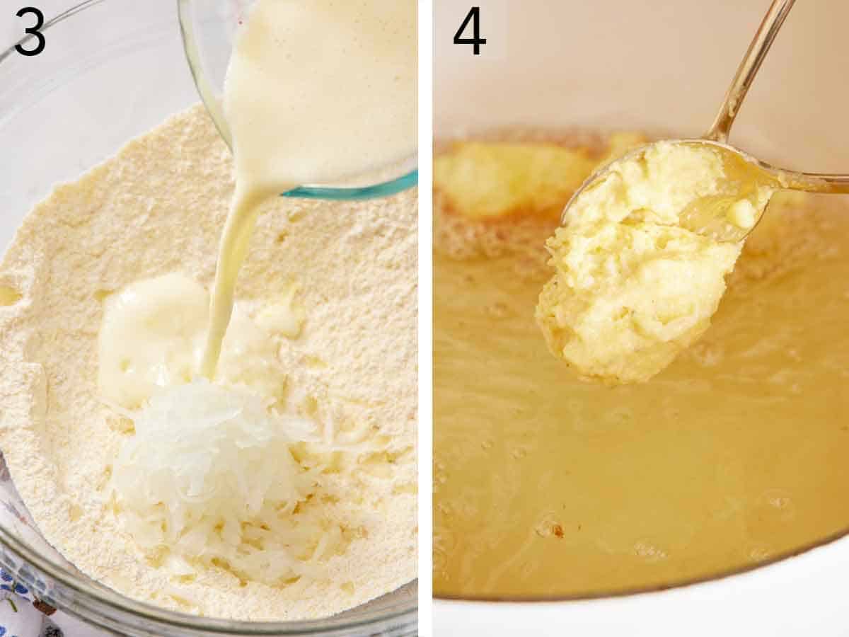 Set of two photos showing wet ingredients added to the dry ingredients and batter spooned into a pot of hot oil.