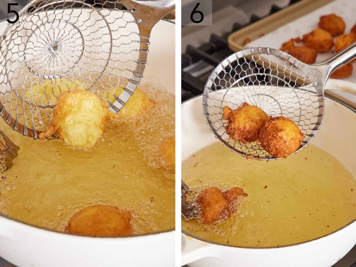 Set of two photos showing hush puppies fried and strained out of the pot of oil.