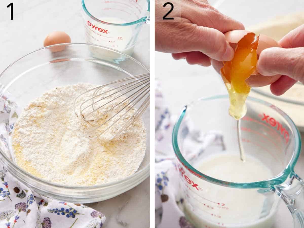Set of two photos showing dry ingredients whisked together and wet ingredients added to a measuring cup.