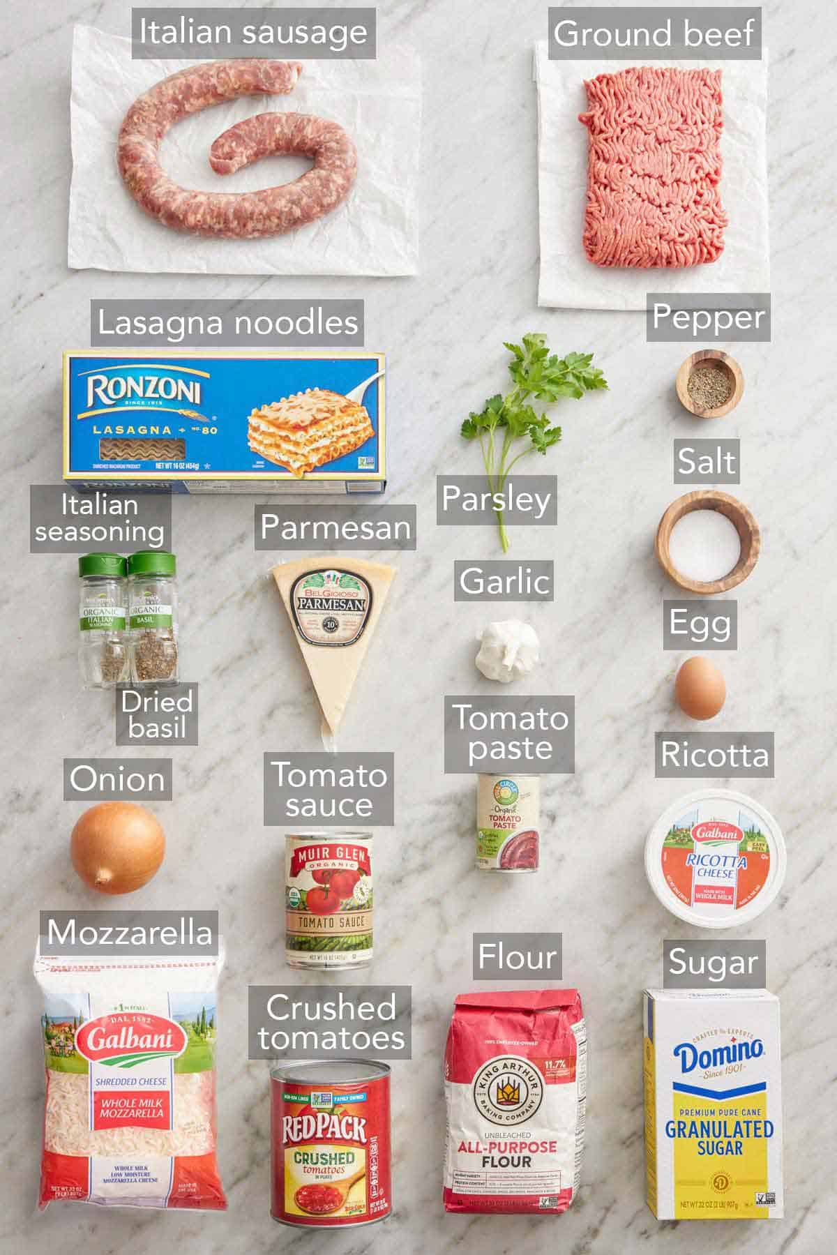 Ingredients needed to make a lasagna.