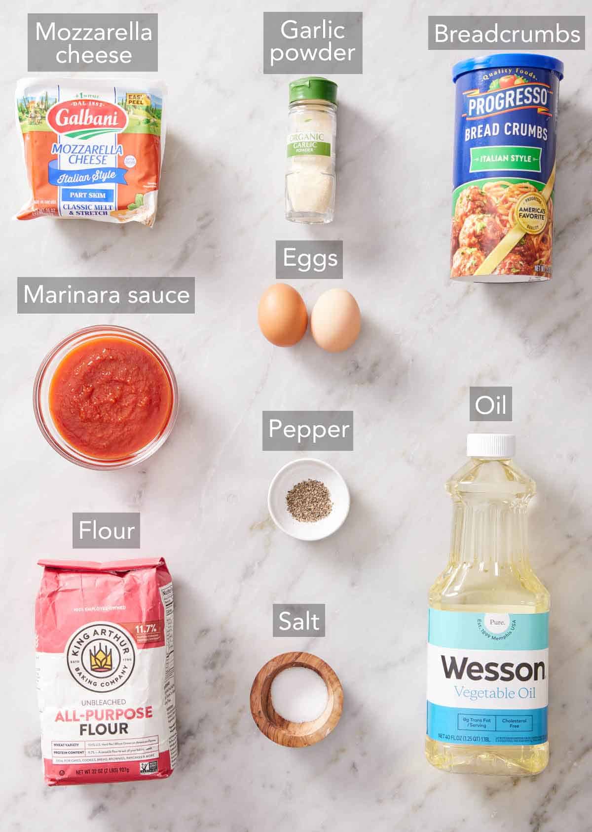 Ingredients needed to make mozzarella sticks.