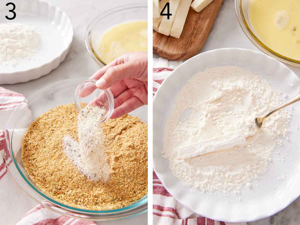 Set of two photos showing seasoning added to breadcrumbs and a piece of cheese coated in flour.