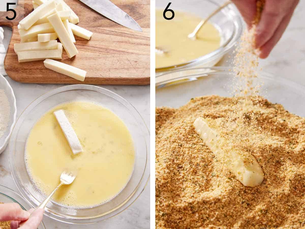 Set of two photos showing flour coated cheese added to the egg wash and coated in breadcrumbs.