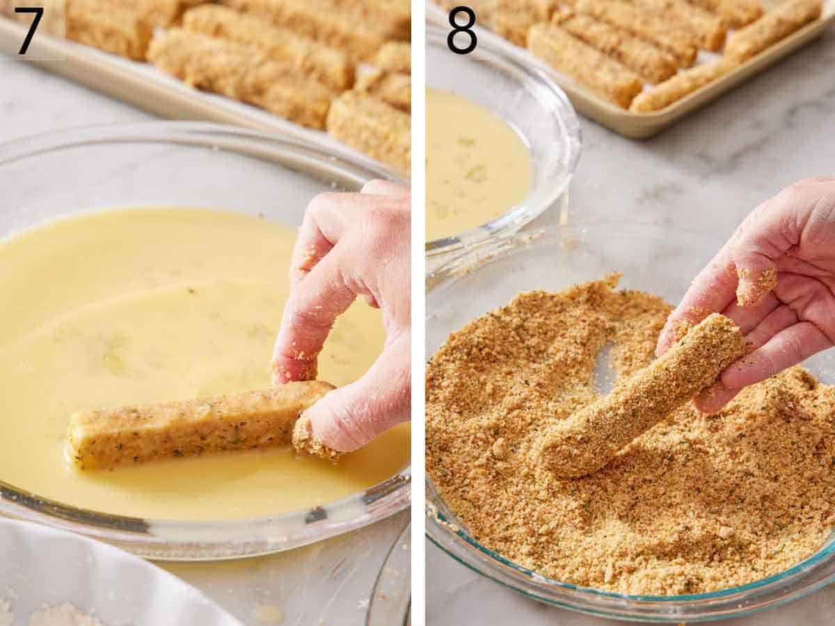 Set of two photos showing cheese stick added back to the egg wash and breadcrumbs.