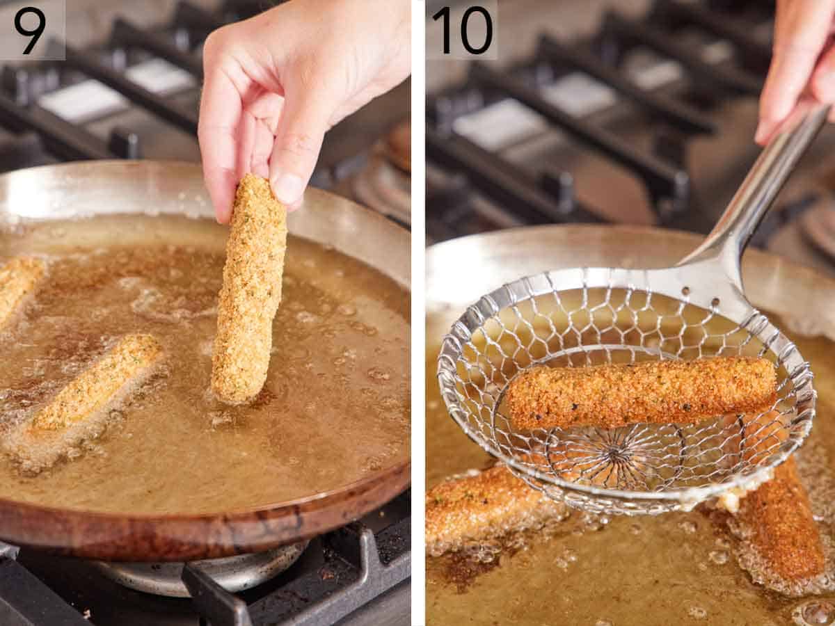 Set of two photos showing the coated cheese sticks added to a skillet of oil to fry and then removed.