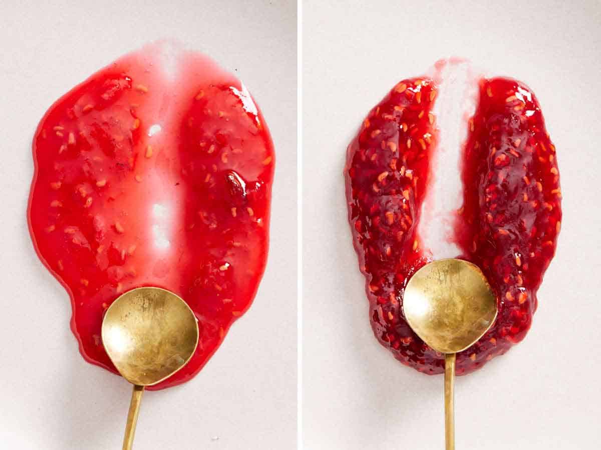 Set of two photos showing the thickness of two raspberry jams with a spoon running through them.