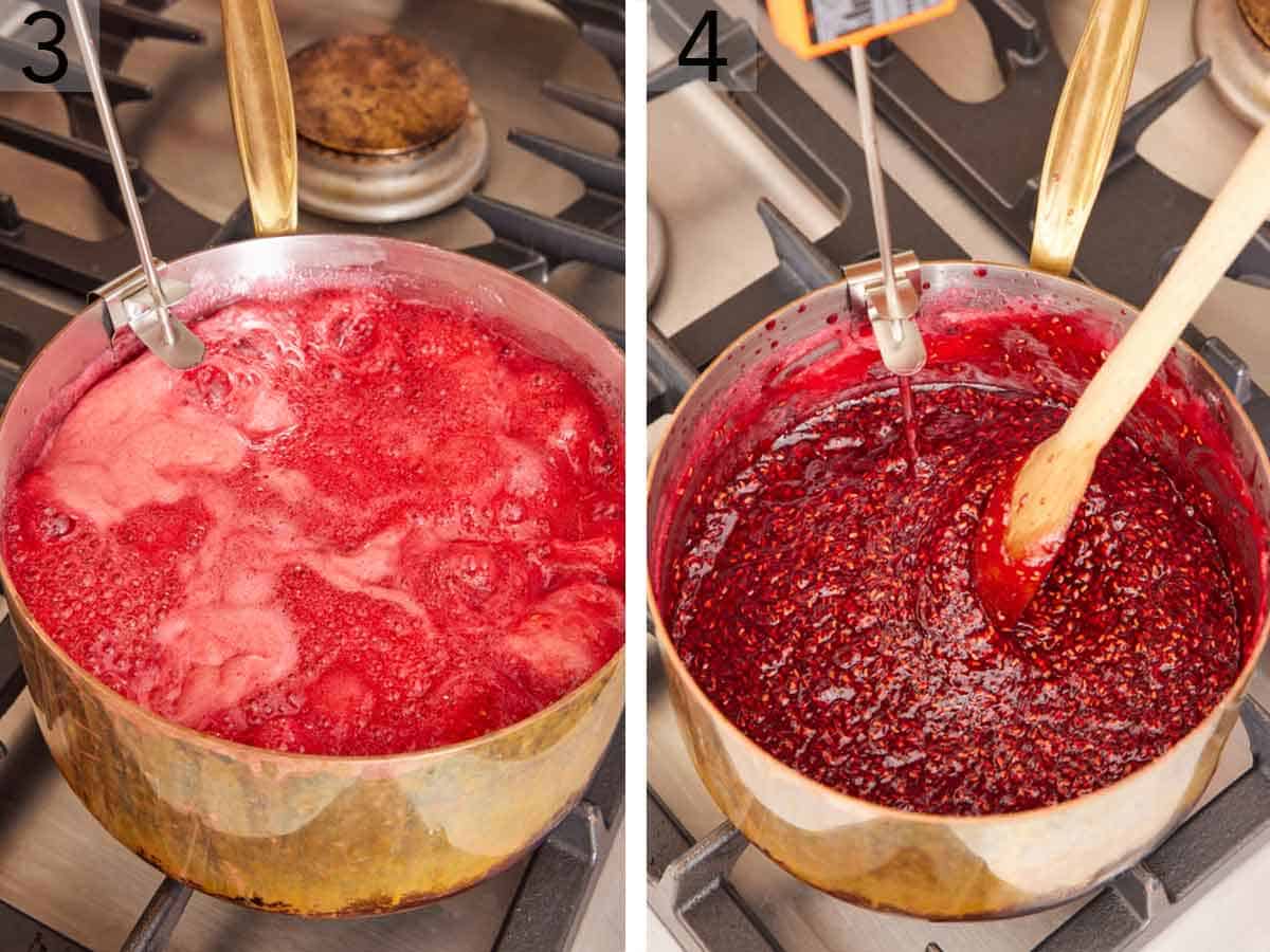 Set of two photos showing mixture cooking in the pot until thickened.