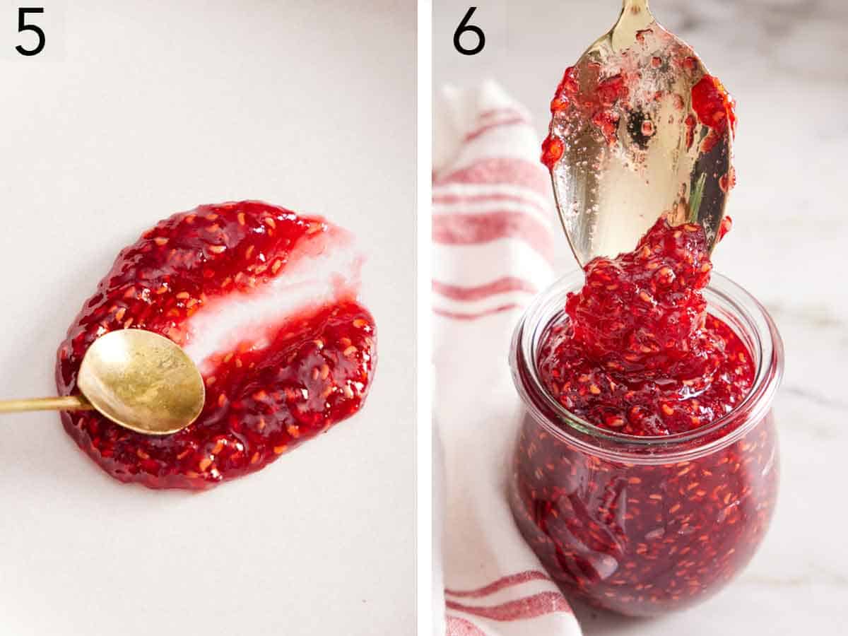 Set of two photos showing the thickness of the raspberry jam and then spooned into a jar.