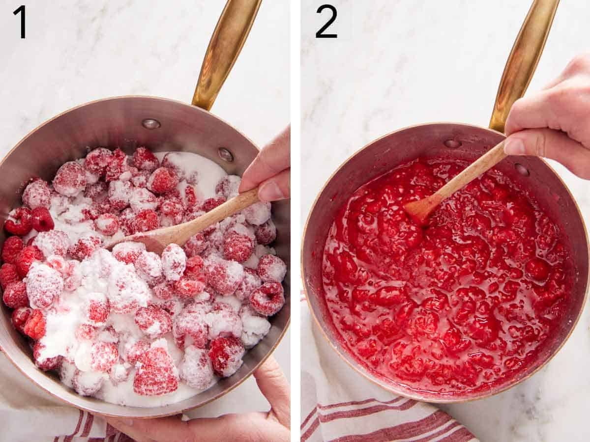 Set of two photos showing raspberries mixed with sugar and cooked down.