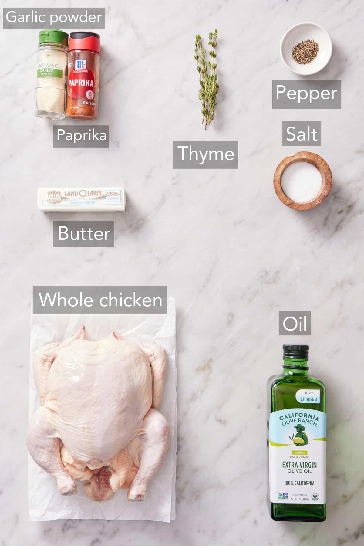 Ingredients needed to make spatchcock chicken.