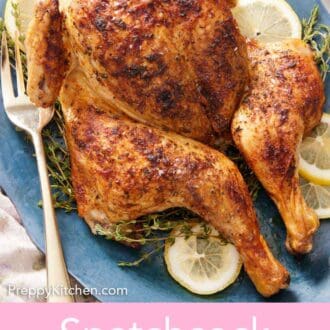 Pinterest graphic of a blue platter of spatchcock chicken with fresh thyme and lemon slices.
