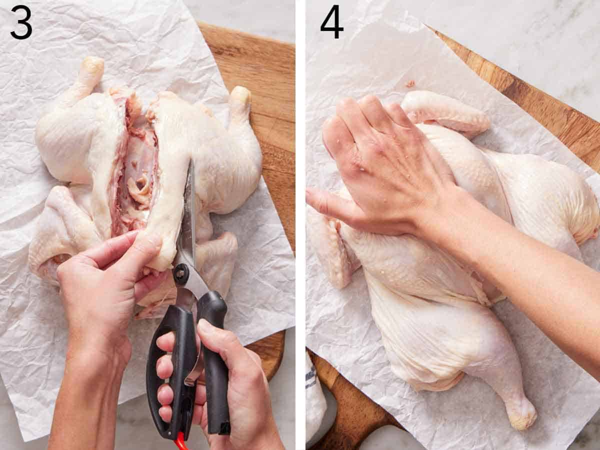 Set of two photos showing the backbone being cut out with shears and then the chicken pressed down on.