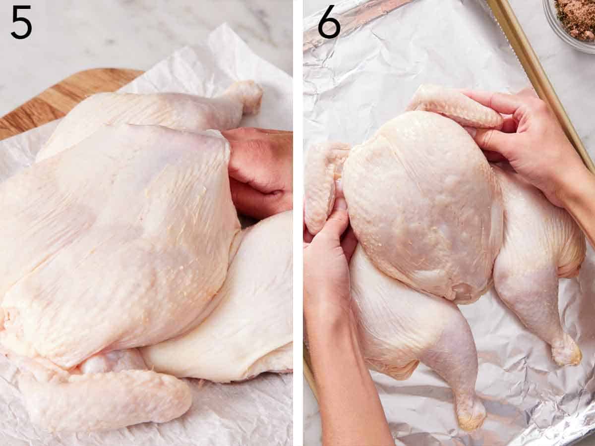 Set of two photos showing the skin being separated from the flesh and wings tucked under the breasts.