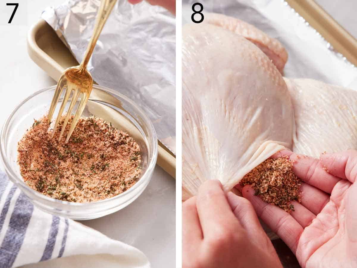 Set of two photos showing seasoning mixed and spread under the skin.