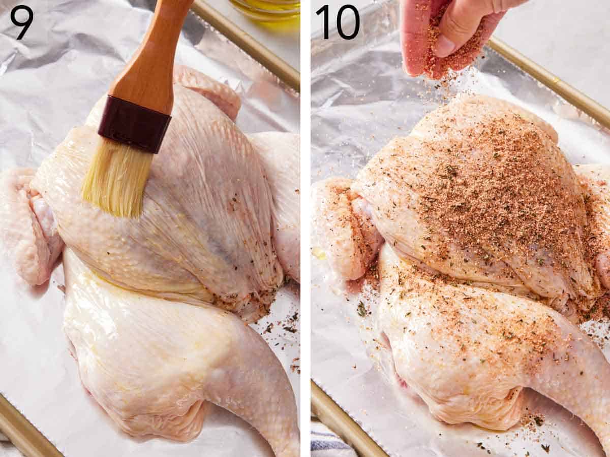 Set of two photos showing oil brushed onto the chicken and seasoning sprinkled on top.