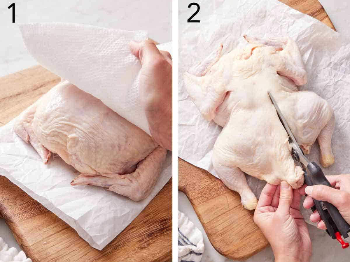 Set of two photos showing a whole chicken patted dry with a paper towel and the spine cut out with scissors.