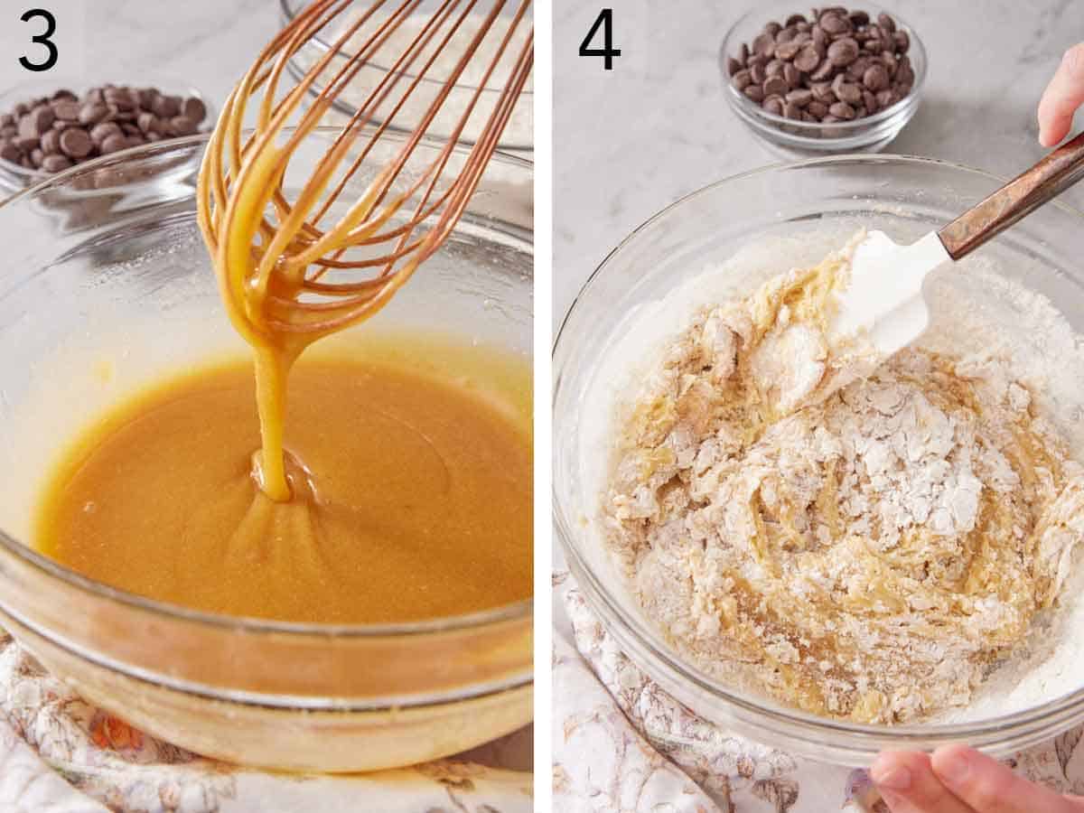 Set of two photos showing wet ingredients whisked together and mixed with the dry ingredients.