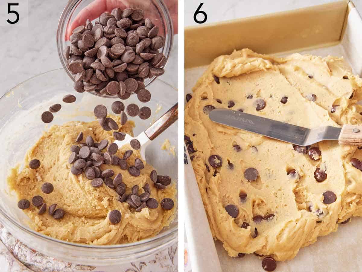 Set of two photos showing chocolate chips added to the blondie batter and then spread in a lined baking pan.