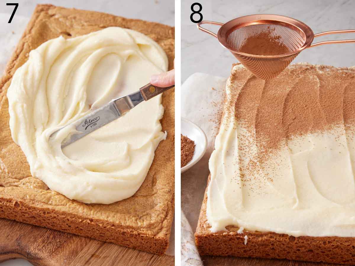 Set of two photos showing mascarpone frosting spread over the baked blondies and dusted with cocoa powder.