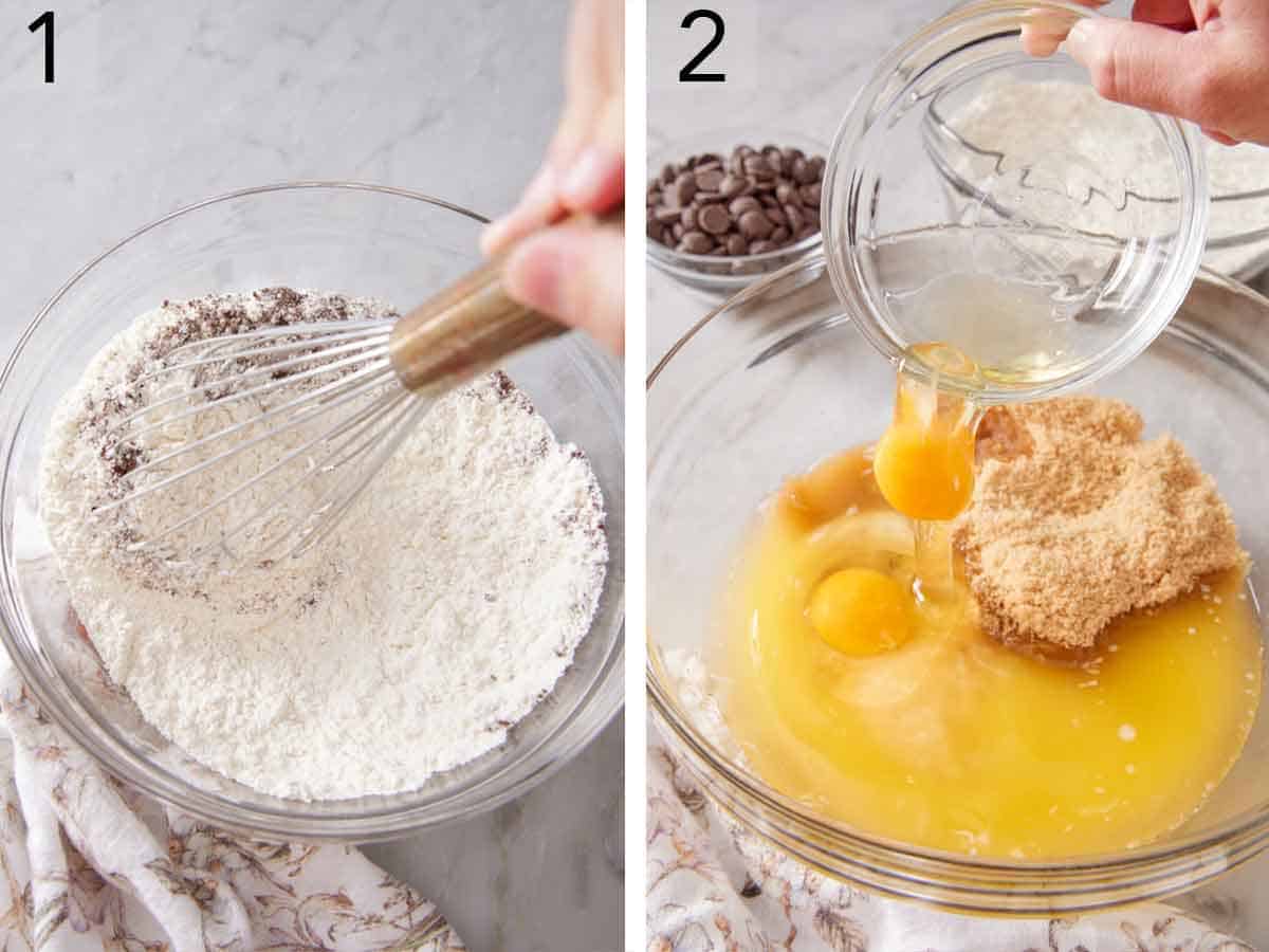 Set of two photos showing dry ingredients whisked together in a bowl and eggs added to a bowl of wet ingredients.