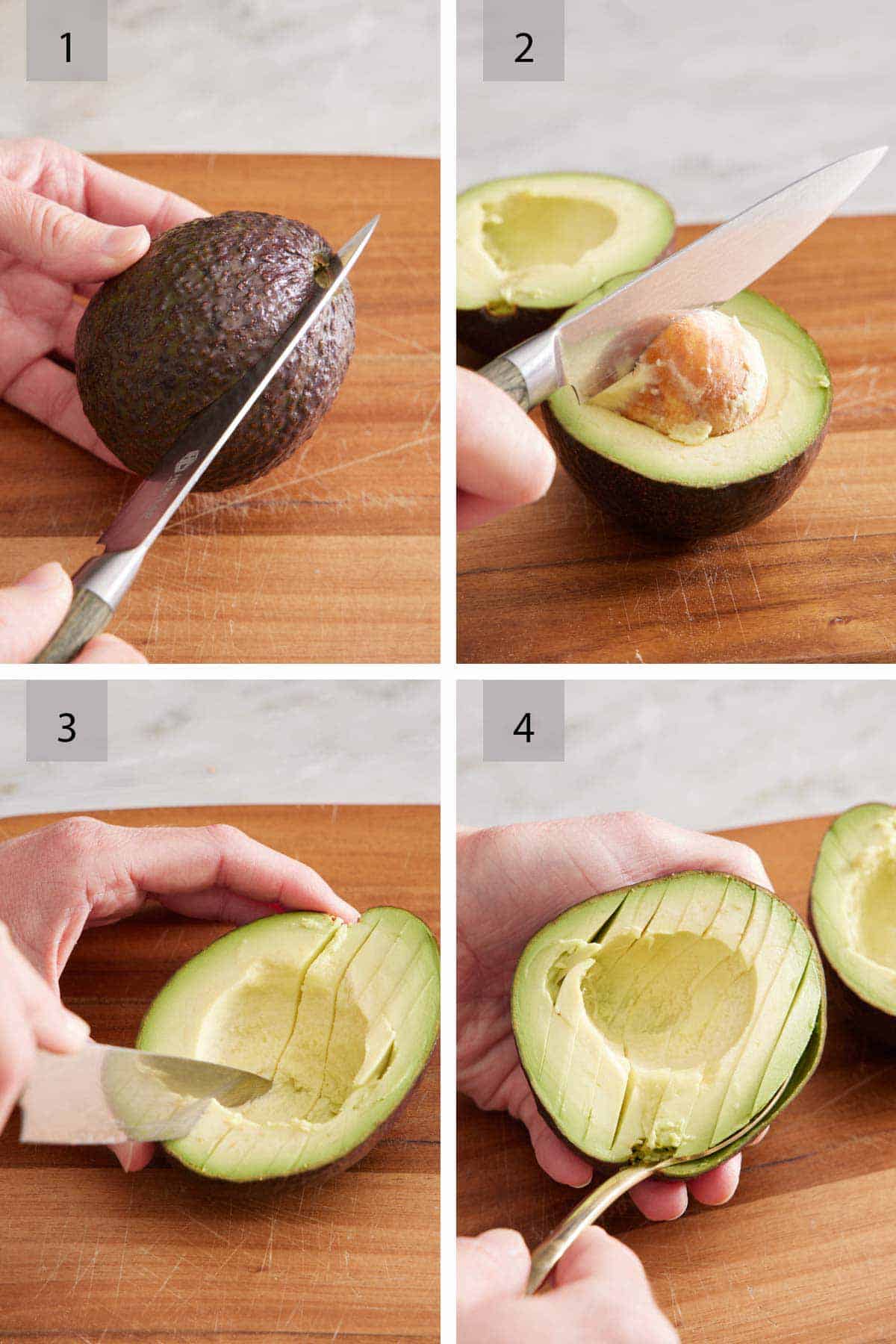 Set of four photos showing how to cut an avocado in half, remove the seed, slice the flesh, and scoop it out.