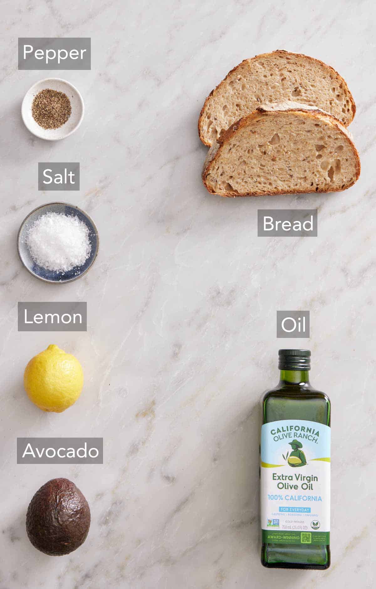 Ingredients needed to make avocado toast.