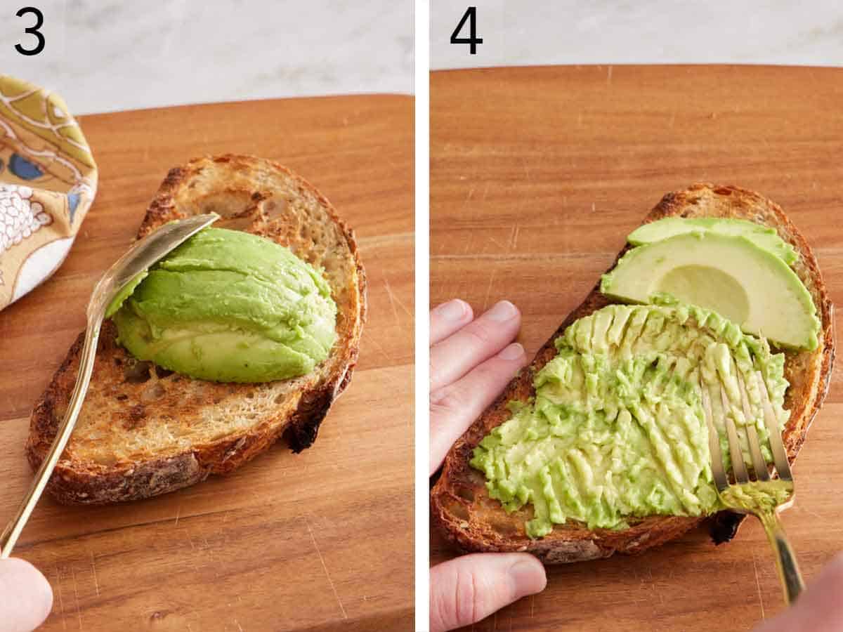 Set of two photos showing avocado placed on a piece of bread and smashed with a fork.