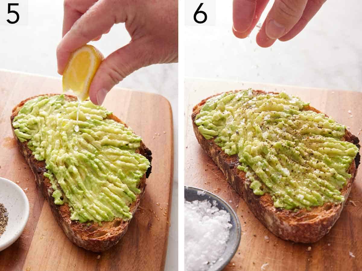 Set of two photos showing lemon wedge squeezed over avocado and salt and pepper sprinkled on top.