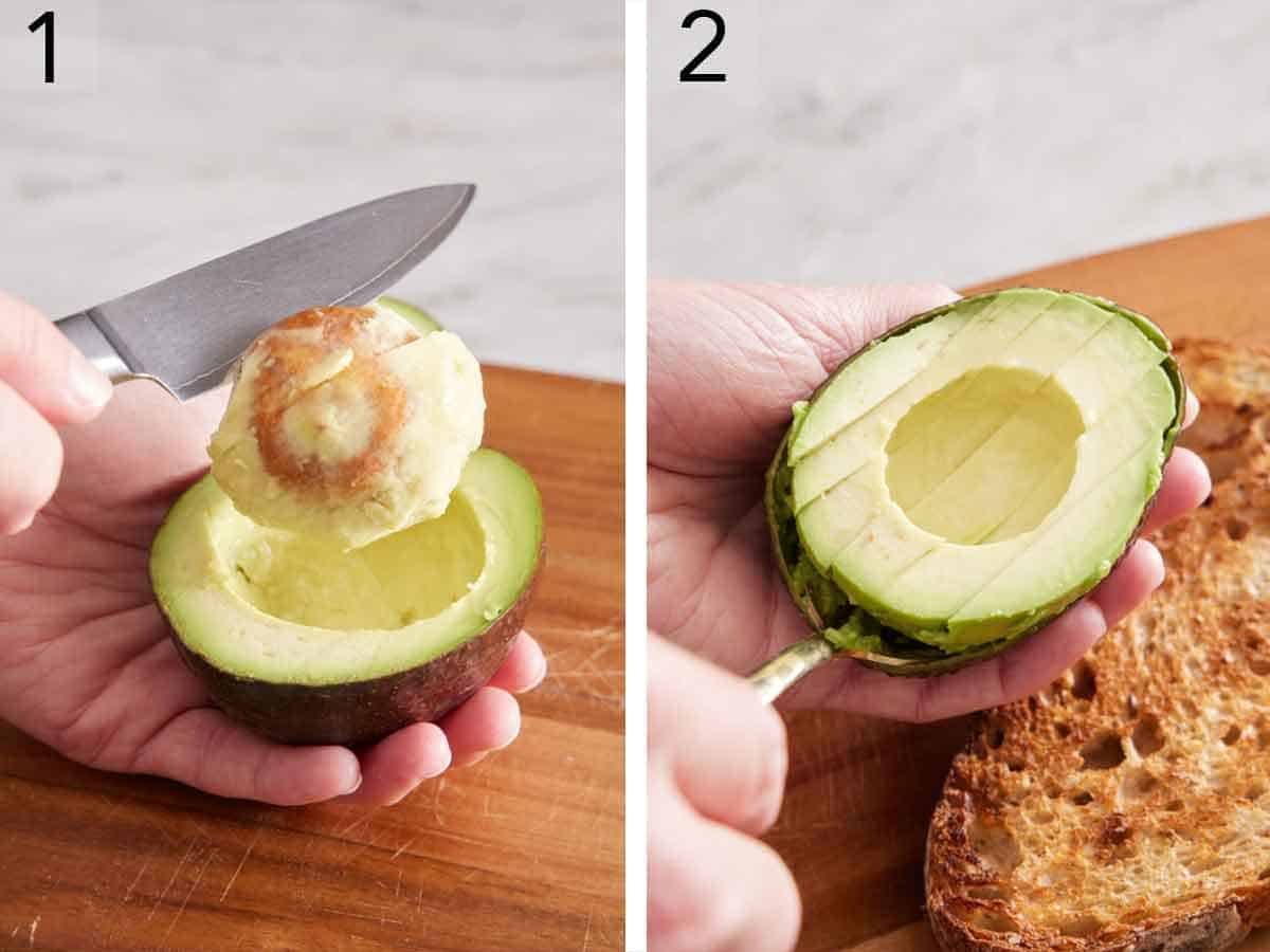 Set of two photos showing a cut avocado with the seed removed and flesh scooped out.