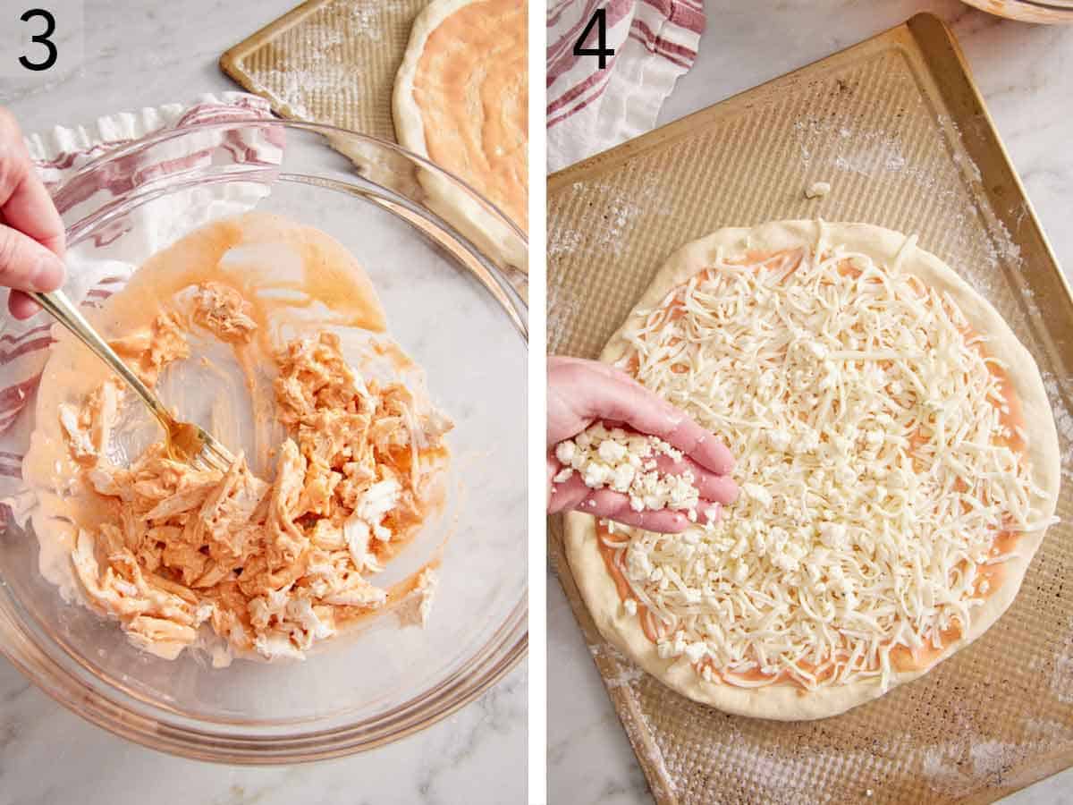 Set of two photos showing buffalo chicken mixed in a bowl and cheese sprinkled over the pizza dough.