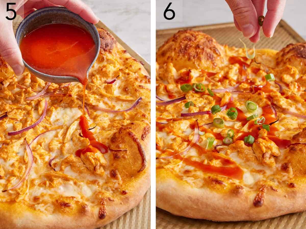 Set of two photos showing buffalo sauce poured over the baked pizza and green onions sprinkled on top.