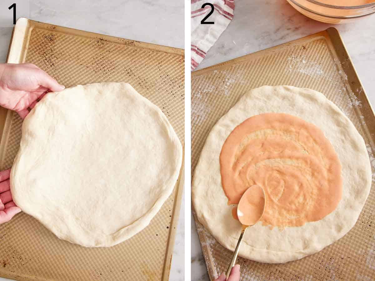 Set of two photos showing dough placed on a sheet pan and sauce spread on top.
