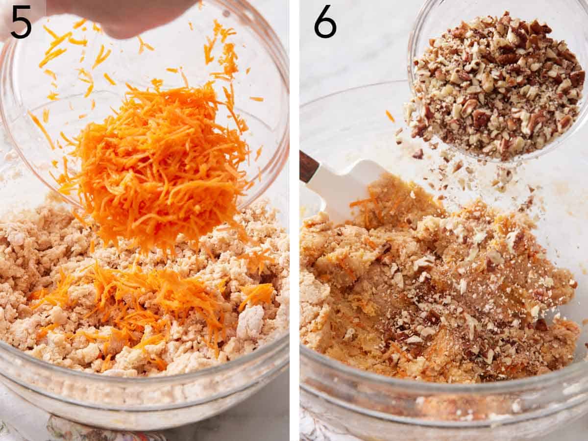 Set of two photos showing shredded carrots and chopped pecans added to the bowl.