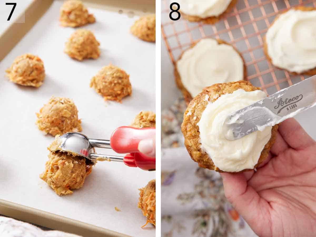 Set of two photos showing batter scooped onto a lined sheet pan and cookies frosted.