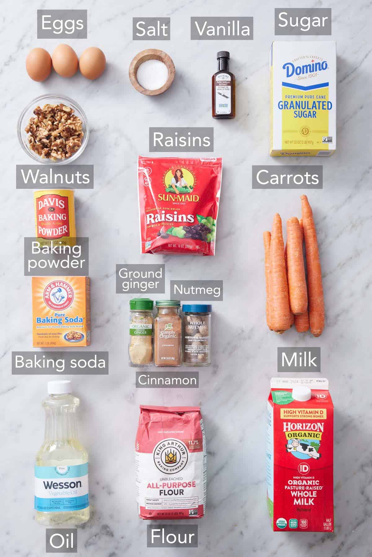 Ingredients needed to make carrot muffins.