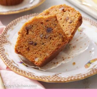 Pinterest graphic of a plate with a carrot muffin cut in half on a plate.