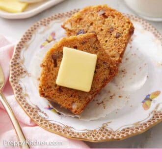 Pinterest graphic of a plate with a carrot muffin cut in half on a plate with a slab of butter.