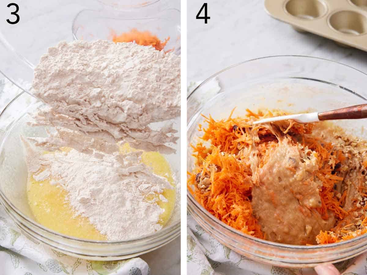 Set of two photos showing dry ingredients added to wet ingredients and carrots folded in.