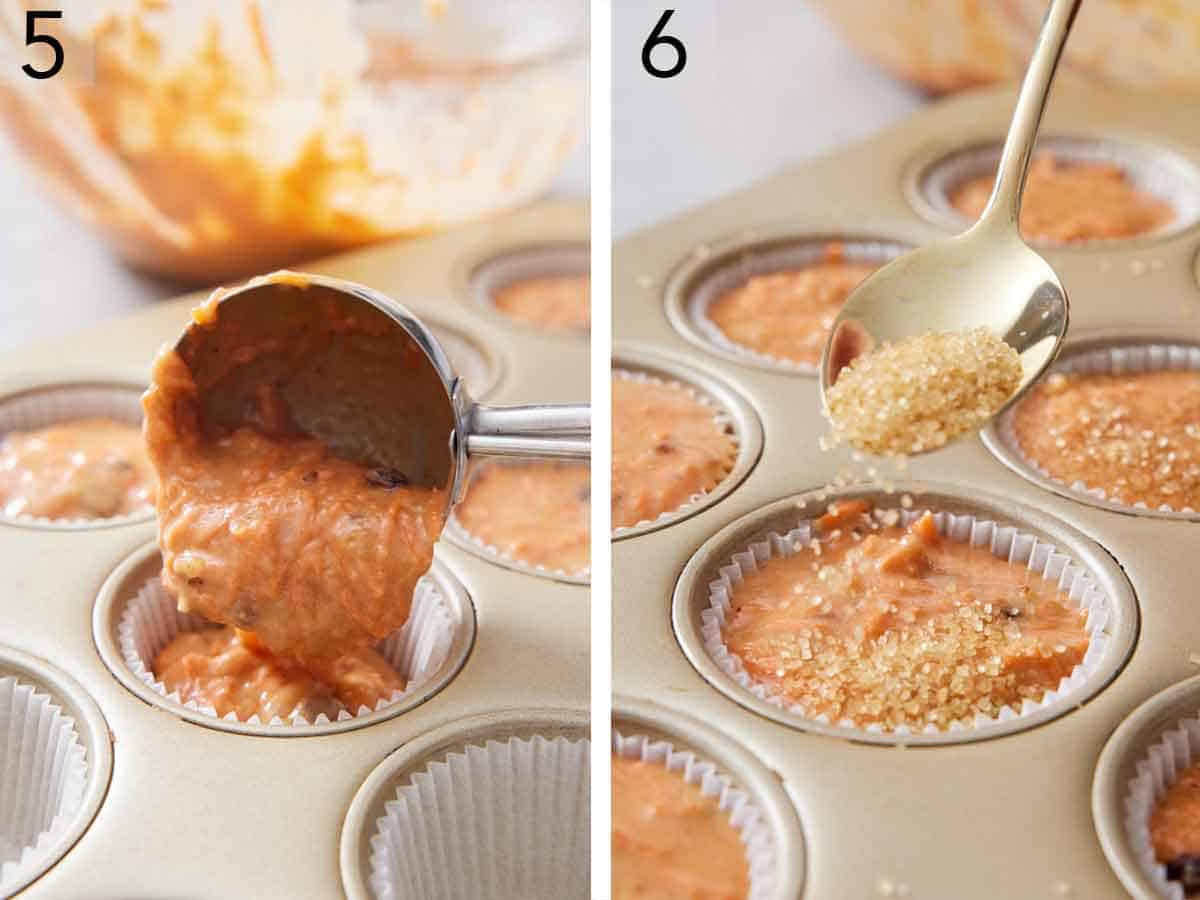 Set of two photos showing batter scooped into a muffin tin and sugar sprinkled on top.