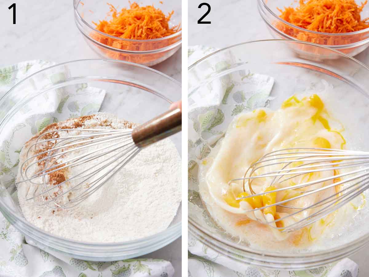 Set of two photos showing dry ingredients whisked together in a bowl and wet ingredients whisked together in another.