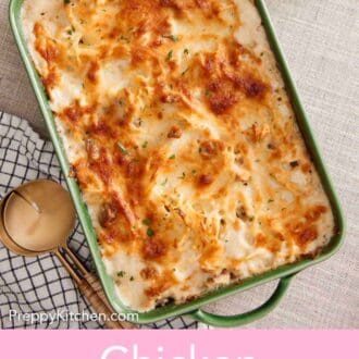 Pinterest graphic of a green baking dish of chicken tetrazzini.