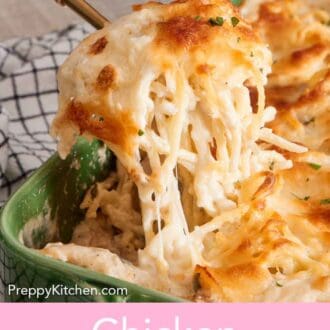 Pinterest graphic of a serving of chicken tetrazzini lifted from a green baking dish.