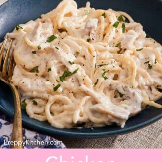 Pinterest graphic of a close up view of a bowl of chicken tetrazzini topped with chopped parsley.
