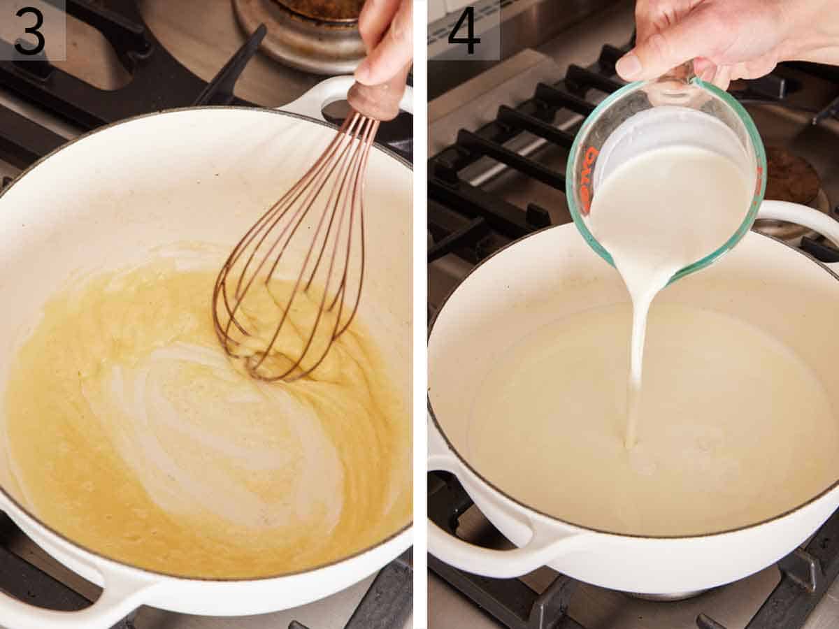 Set of two photos showing a roux being prepared in a pot and dairy added.