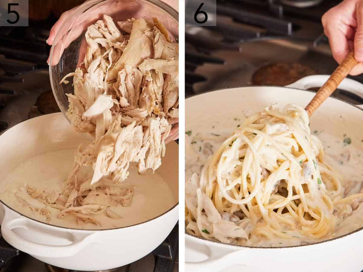 Set of two photos showing cooked chicken and pasta added to the pot.