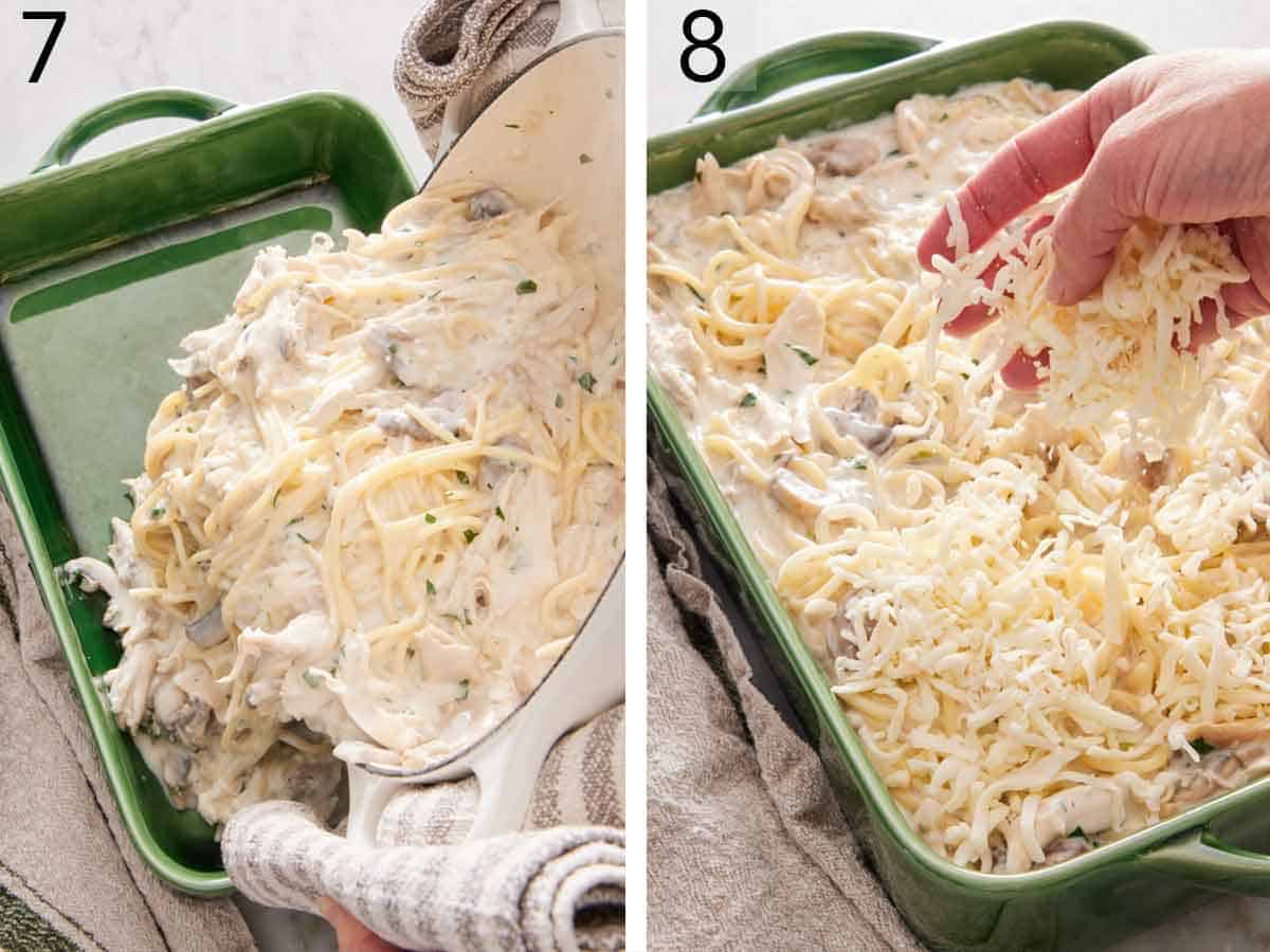 Set of two photos showing the mixture poured into a baking dish and topped with shredded cheese.